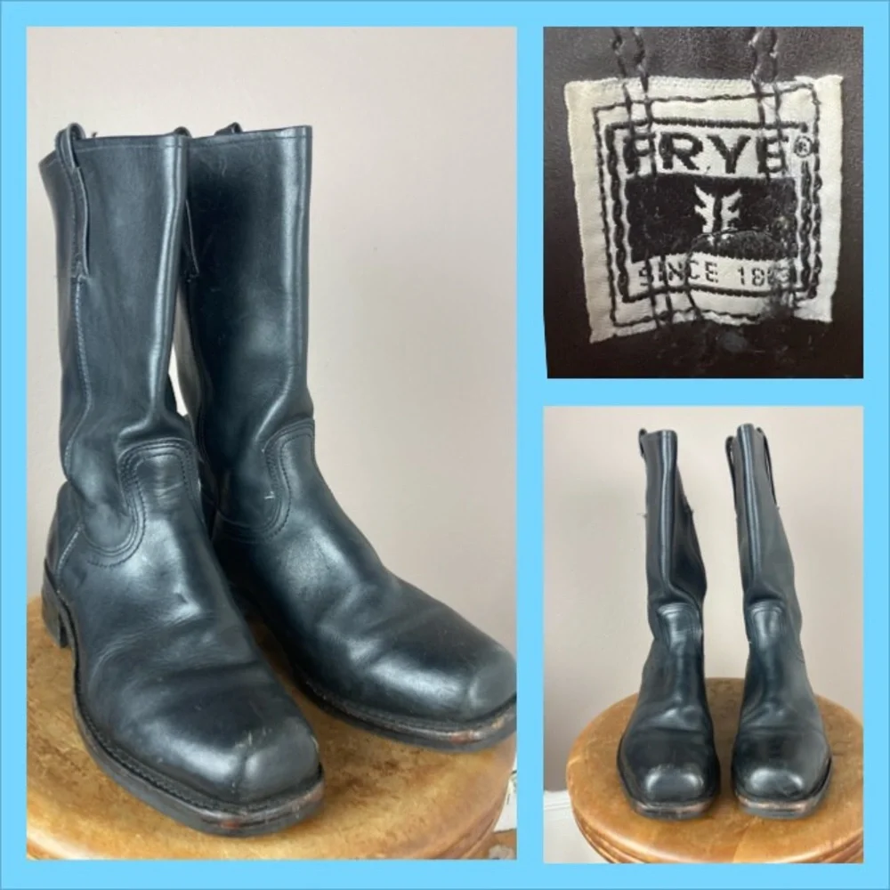 Vintage Frye Square Toe Black Leather Boots - Size 9 1/2